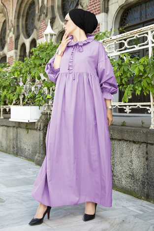 Yakası Fırfırlı Poplin Tesettür Elbise 100MD-10432 Lila - Thumbnail