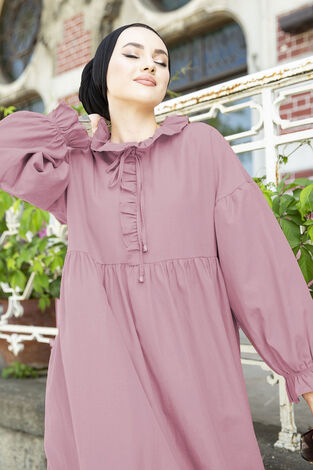 Yakası Fırfırlı Poplin Tesettür Elbise 100MD-10432 Pudra - Thumbnail