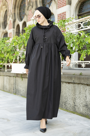 Yakası Fırfırlı Poplin Tesettür Elbise 100MD-10432 Siyah - Thumbnail