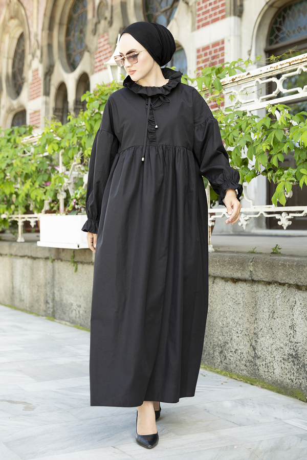Yakası Fırfırlı Poplin Tesettür Elbise 100MD-10432 Siyah
