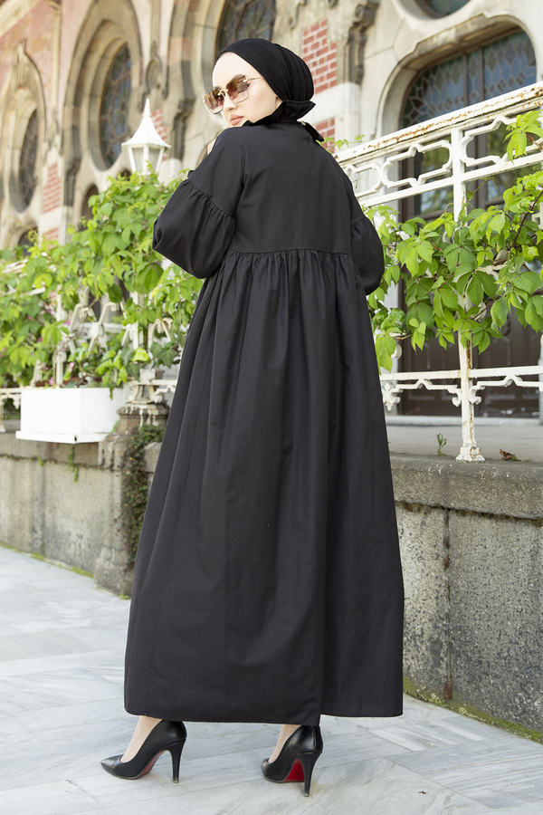 Yakası Fırfırlı Poplin Tesettür Elbise 100MD-10432 Siyah