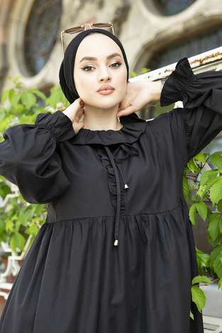 Yakası Fırfırlı Poplin Tesettür Elbise 100MD-10432 Siyah - Thumbnail