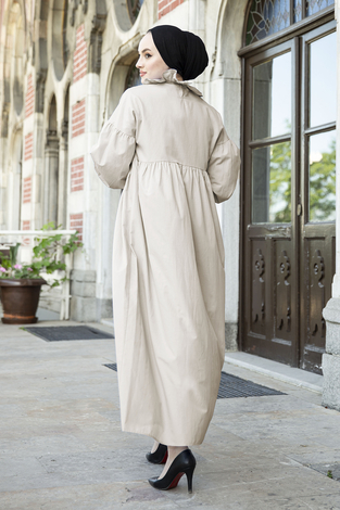 Yakası Fırfırlı Poplin Tesettür Elbise 100MD-10432 Vizon - Thumbnail