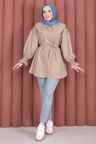 Yakası Nakış Detaylı Beli Bağcıklı Tunik Bej