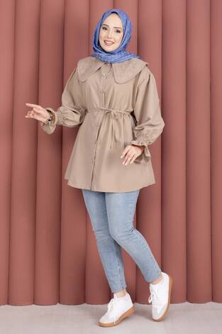 Yakası Nakış Detaylı Beli Bağcıklı Tunik Bej - Thumbnail