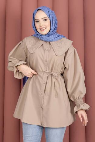 Yakası Nakış Detaylı Beli Bağcıklı Tunik Bej - Thumbnail