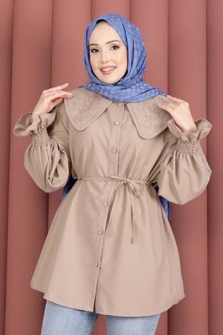 Yakası Nakış Detaylı Beli Bağcıklı Tunik Bej - Thumbnail