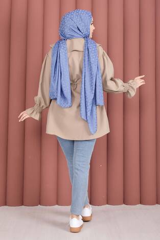 Yakası Nakış Detaylı Beli Bağcıklı Tunik Bej - Thumbnail