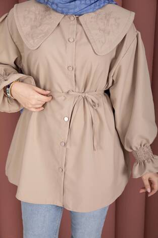 Yakası Nakış Detaylı Beli Bağcıklı Tunik Bej - Thumbnail