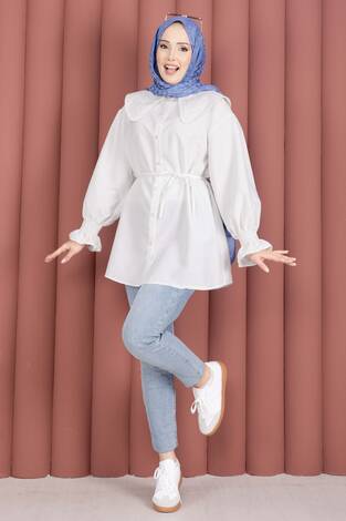 Yakası Nakış Detaylı Beli Bağcıklı Tunik Beyaz
