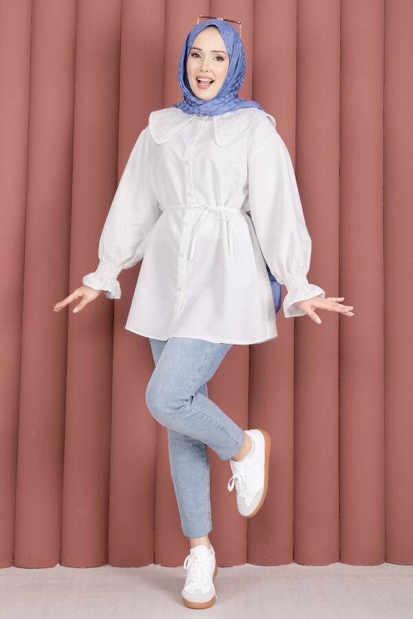 Svs - Yakası Nakış Detaylı Beli Bağcıklı Tunik Beyaz