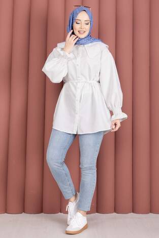 Yakası Nakış Detaylı Beli Bağcıklı Tunik Beyaz - Thumbnail