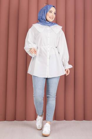 Yakası Nakış Detaylı Beli Bağcıklı Tunik Beyaz - Thumbnail