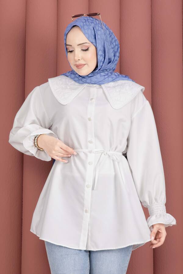 Svs - Yakası Nakış Detaylı Beli Bağcıklı Tunik Beyaz (1)
