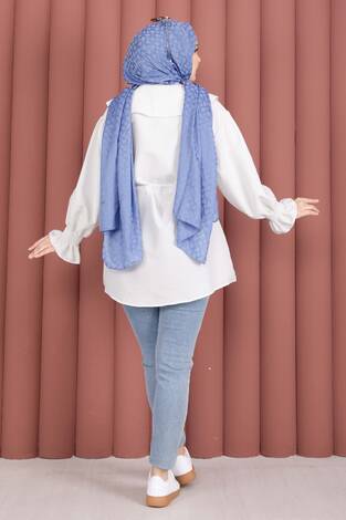 Yakası Nakış Detaylı Beli Bağcıklı Tunik Beyaz - Thumbnail