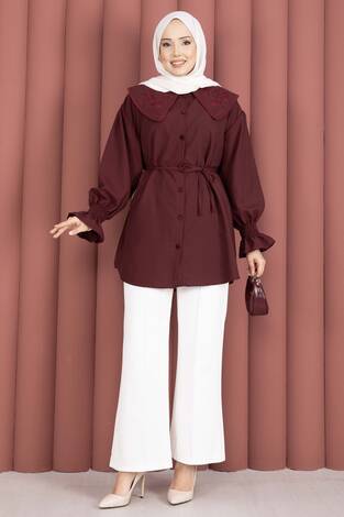 Yakası Nakış Detaylı Beli Bağcıklı Tunik Bordo