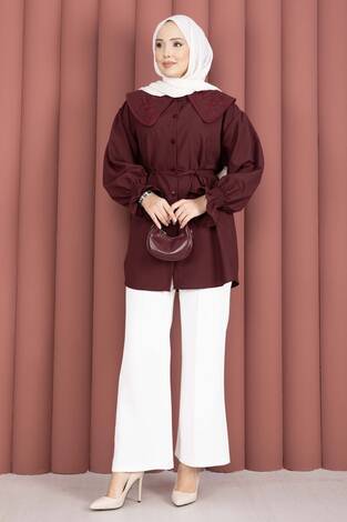 Yakası Nakış Detaylı Beli Bağcıklı Tunik Bordo - Thumbnail