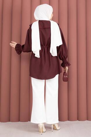 Yakası Nakış Detaylı Beli Bağcıklı Tunik Bordo - Thumbnail