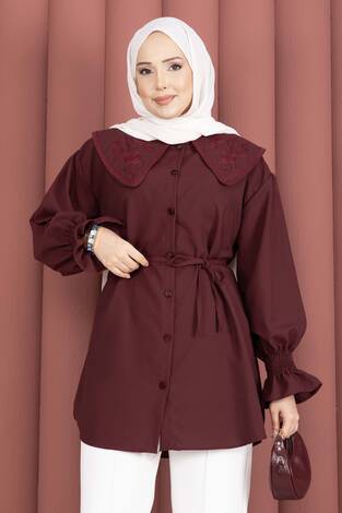 Yakası Nakış Detaylı Beli Bağcıklı Tunik Bordo - Thumbnail