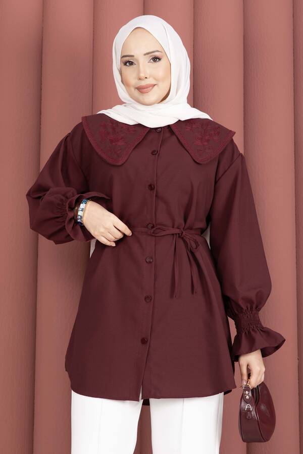 Svs - Yakası Nakış Detaylı Beli Bağcıklı Tunik Bordo (1)