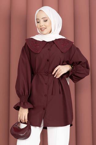 Yakası Nakış Detaylı Beli Bağcıklı Tunik Bordo - Thumbnail