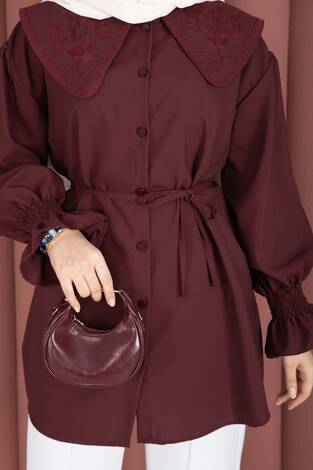 Yakası Nakış Detaylı Beli Bağcıklı Tunik Bordo - Thumbnail