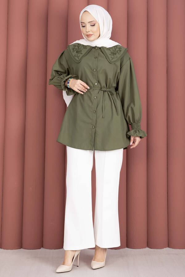 Svs - Yakası Nakış Detaylı Beli Bağcıklı Tunik Haki