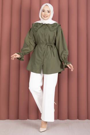 Yakası Nakış Detaylı Beli Bağcıklı Tunik Haki - Thumbnail