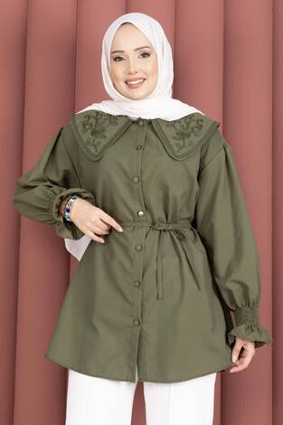 Yakası Nakış Detaylı Beli Bağcıklı Tunik Haki - Thumbnail