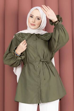 Yakası Nakış Detaylı Beli Bağcıklı Tunik Haki - Thumbnail
