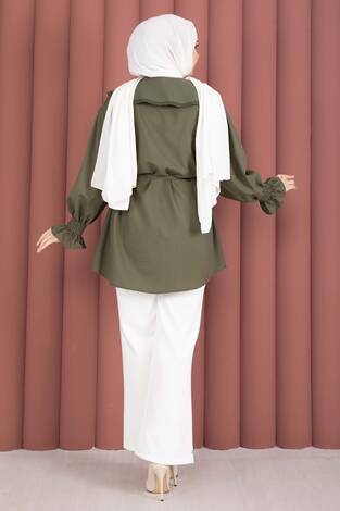 Yakası Nakış Detaylı Beli Bağcıklı Tunik Haki - Thumbnail