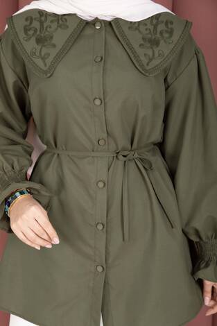 Yakası Nakış Detaylı Beli Bağcıklı Tunik Haki - Thumbnail