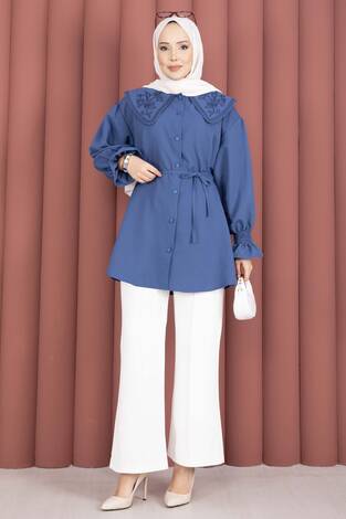 Yakası Nakış Detaylı Beli Bağcıklı Tunik İndigo - Thumbnail
