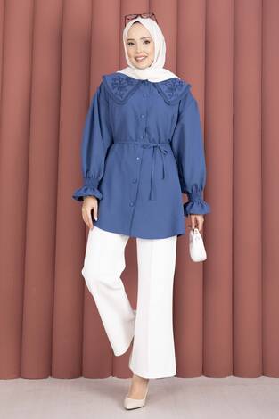 Yakası Nakış Detaylı Beli Bağcıklı Tunik İndigo - Thumbnail