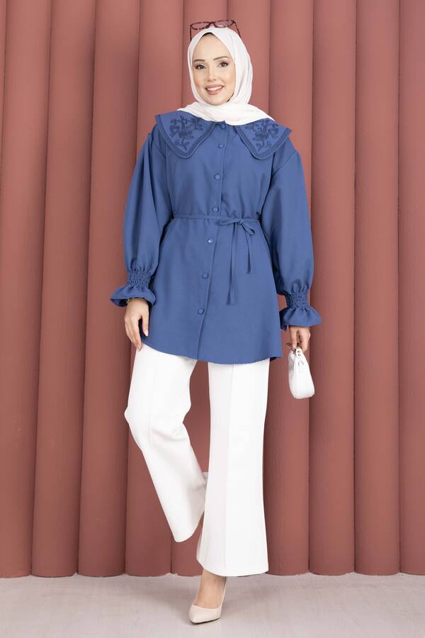 Svs - Yakası Nakış Detaylı Beli Bağcıklı Tunik İndigo