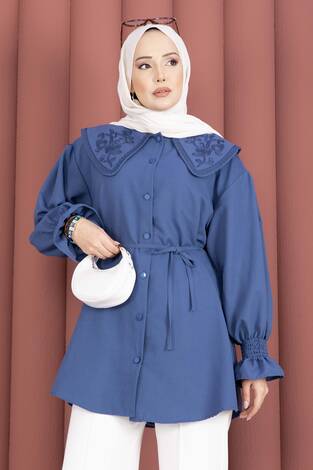 Yakası Nakış Detaylı Beli Bağcıklı Tunik İndigo - Thumbnail