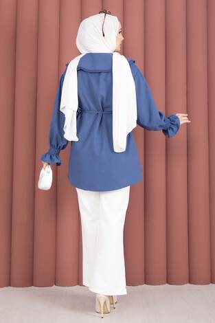 Yakası Nakış Detaylı Beli Bağcıklı Tunik İndigo - Thumbnail