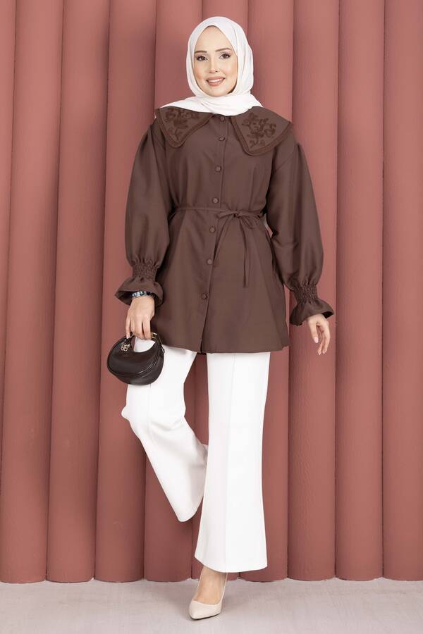 Svs - Yakası Nakış Detaylı Beli Bağcıklı Tunik Kahve