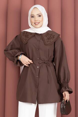 Yakası Nakış Detaylı Beli Bağcıklı Tunik Kahve - Thumbnail