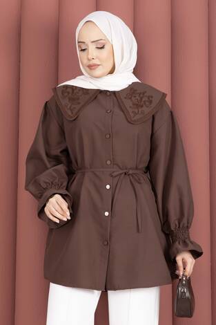 Yakası Nakış Detaylı Beli Bağcıklı Tunik Kahve - Thumbnail