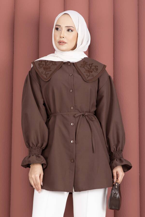 Svs - Yakası Nakış Detaylı Beli Bağcıklı Tunik Kahve (1)