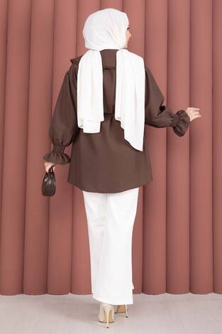 Yakası Nakış Detaylı Beli Bağcıklı Tunik Kahve - Thumbnail