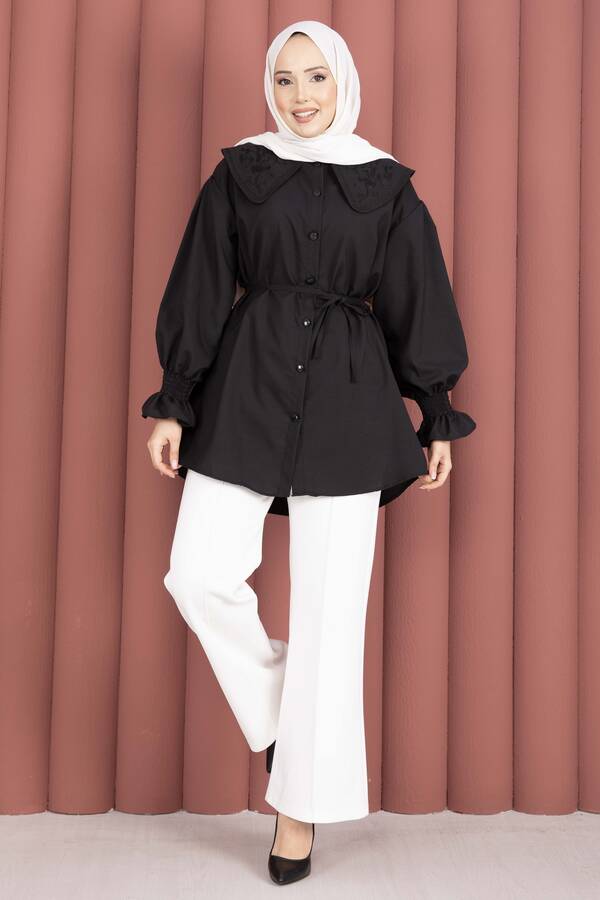 Svs - Yakası Nakış Detaylı Beli Bağcıklı Tunik Siyah