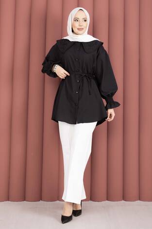Yakası Nakış Detaylı Beli Bağcıklı Tunik Siyah - Thumbnail