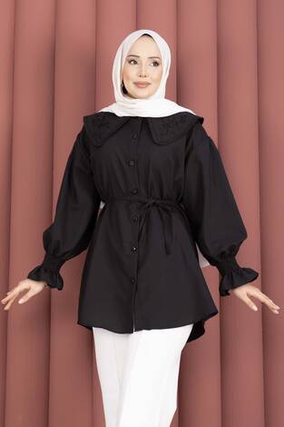 Yakası Nakış Detaylı Beli Bağcıklı Tunik Siyah - Thumbnail
