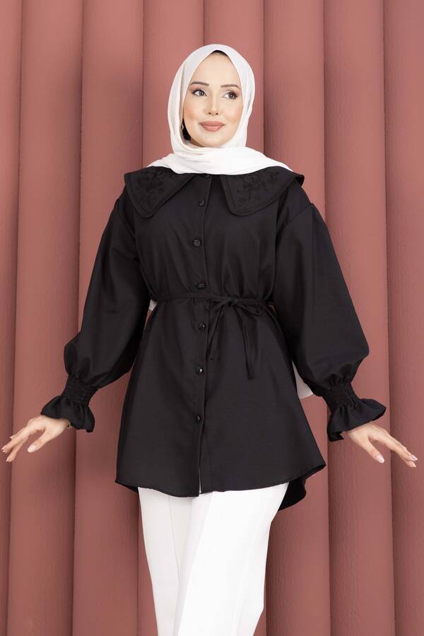 Svs - Yakası Nakış Detaylı Beli Bağcıklı Tunik Siyah (1)