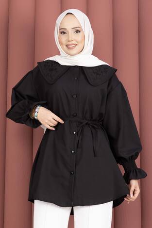 Yakası Nakış Detaylı Beli Bağcıklı Tunik Siyah - Thumbnail