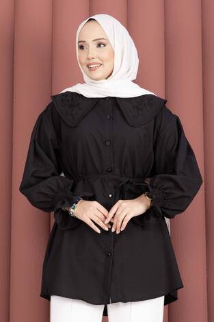 Yakası Nakış Detaylı Beli Bağcıklı Tunik Siyah - Thumbnail