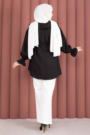 Yakası Nakış Detaylı Beli Bağcıklı Tunik Siyah - Thumbnail