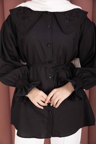 Yakası Nakış Detaylı Beli Bağcıklı Tunik Siyah - Thumbnail